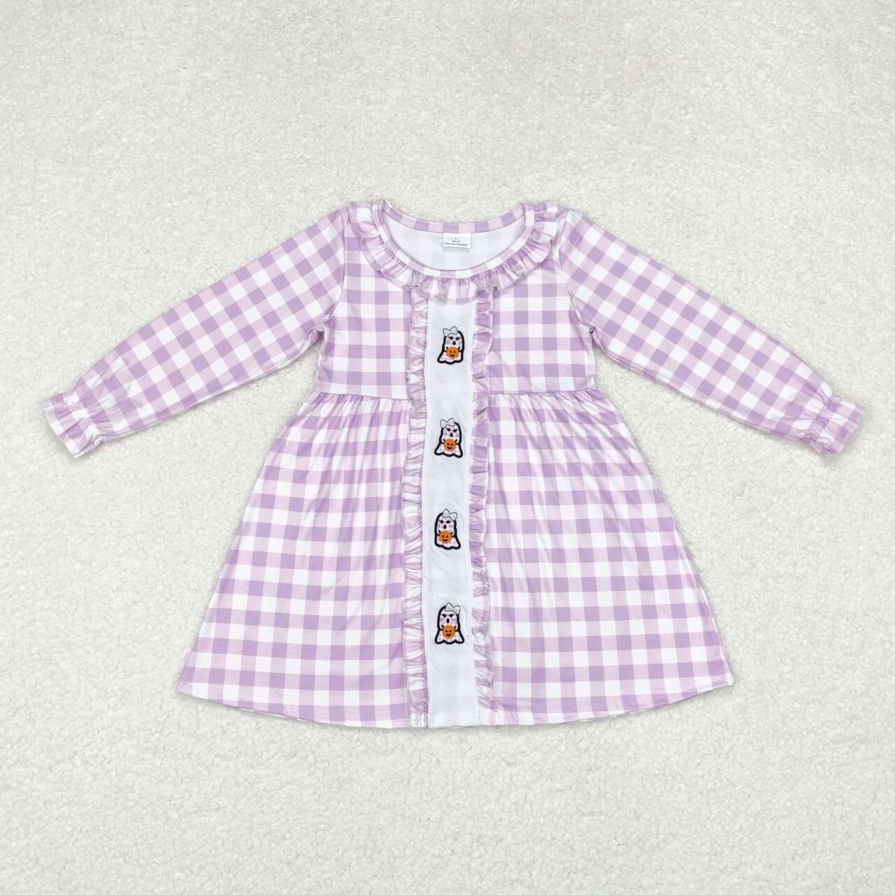 GLD0626 Ghost Pumpkin Embroidery Checkered Girls Halloween Knee Length Dress