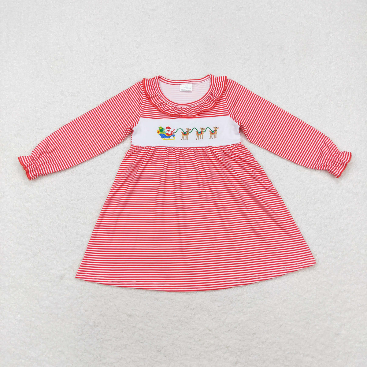 GLD0632 Santa Deer Embroidery Stripes Print Girls Christmas Knee Length Dress