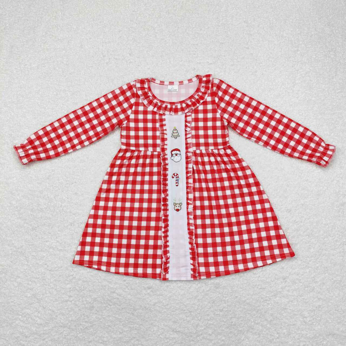 GLD0634 Tree Santa Candy Cane Deer Embroidery Checkered Print Girls Christmas Knee Length Dress