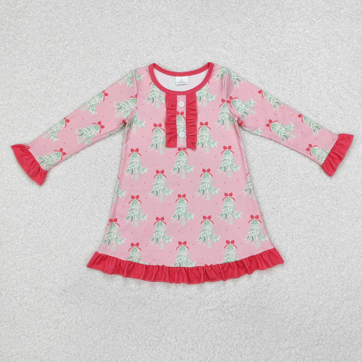 GLD0636 Tree Bows Pink Print Girls Christmas Knee Length Ruffle Dress