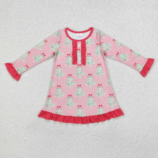 GLD0636 Tree Bows Pink Print Girls Christmas Knee Length Ruffle Dress