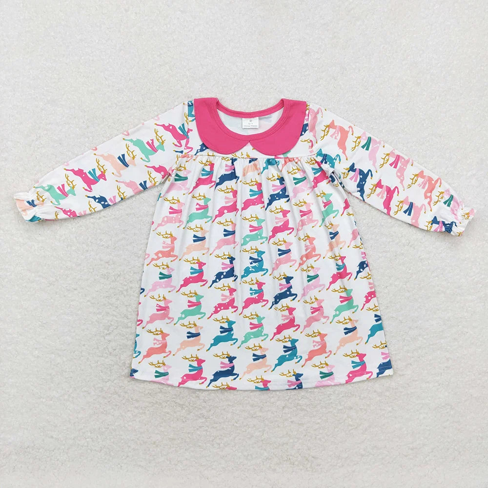 Sibling Baby Girls Deer Plaid Button Pockets Christmas Ruffle Knee Length Dresses