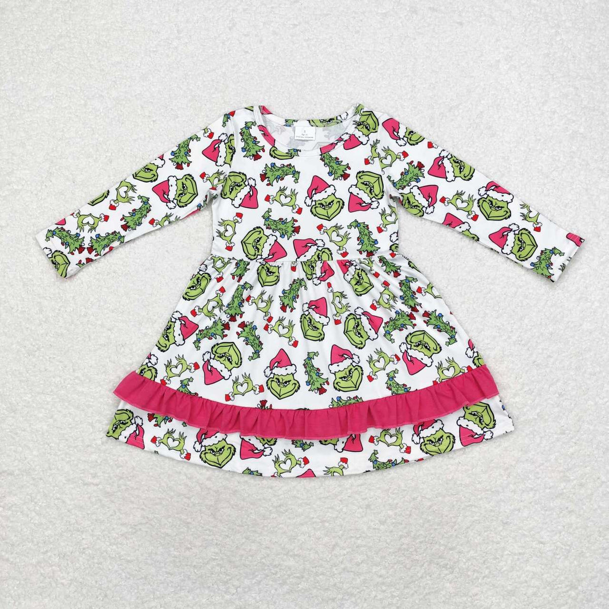 GLD0651 Green Frog Print Girls Christmas Knee Length Ruffle Dress