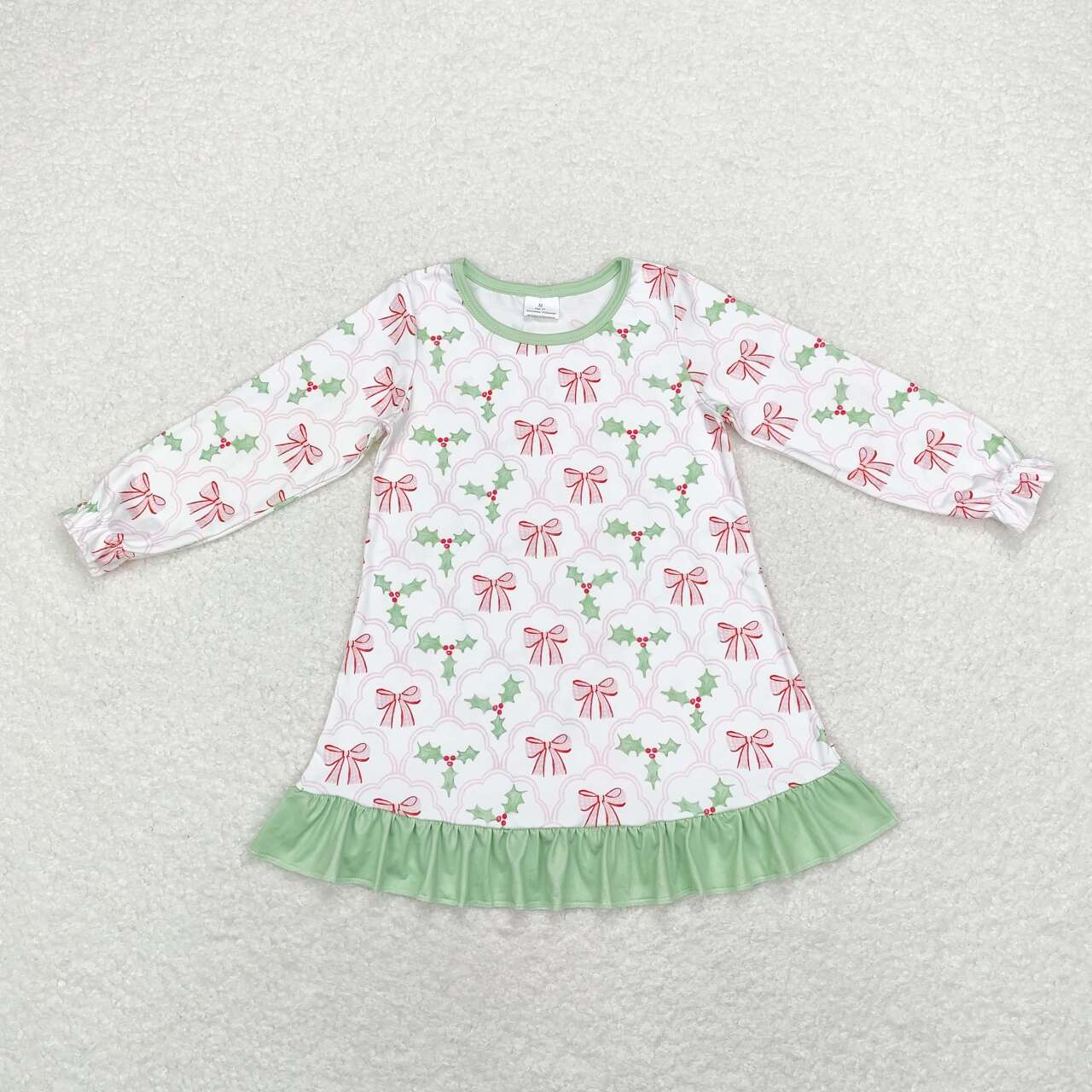 GLD0656 Holly Bows Print Girls Christmas Knee Length Ruffle Dress