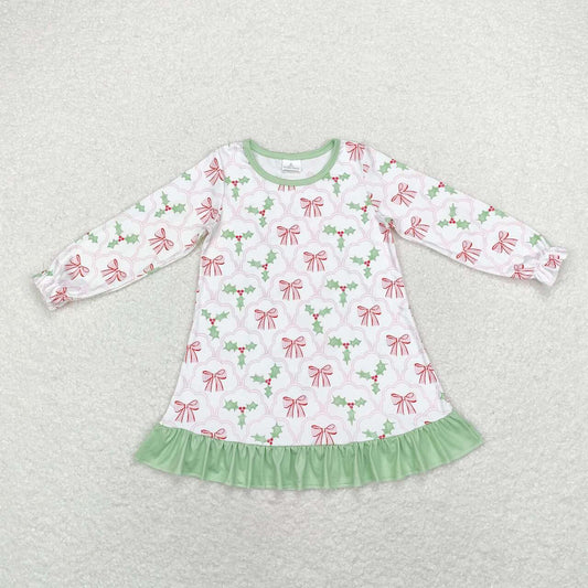 GLD0656 Holly Bows Print Girls Christmas Knee Length Ruffle Dress