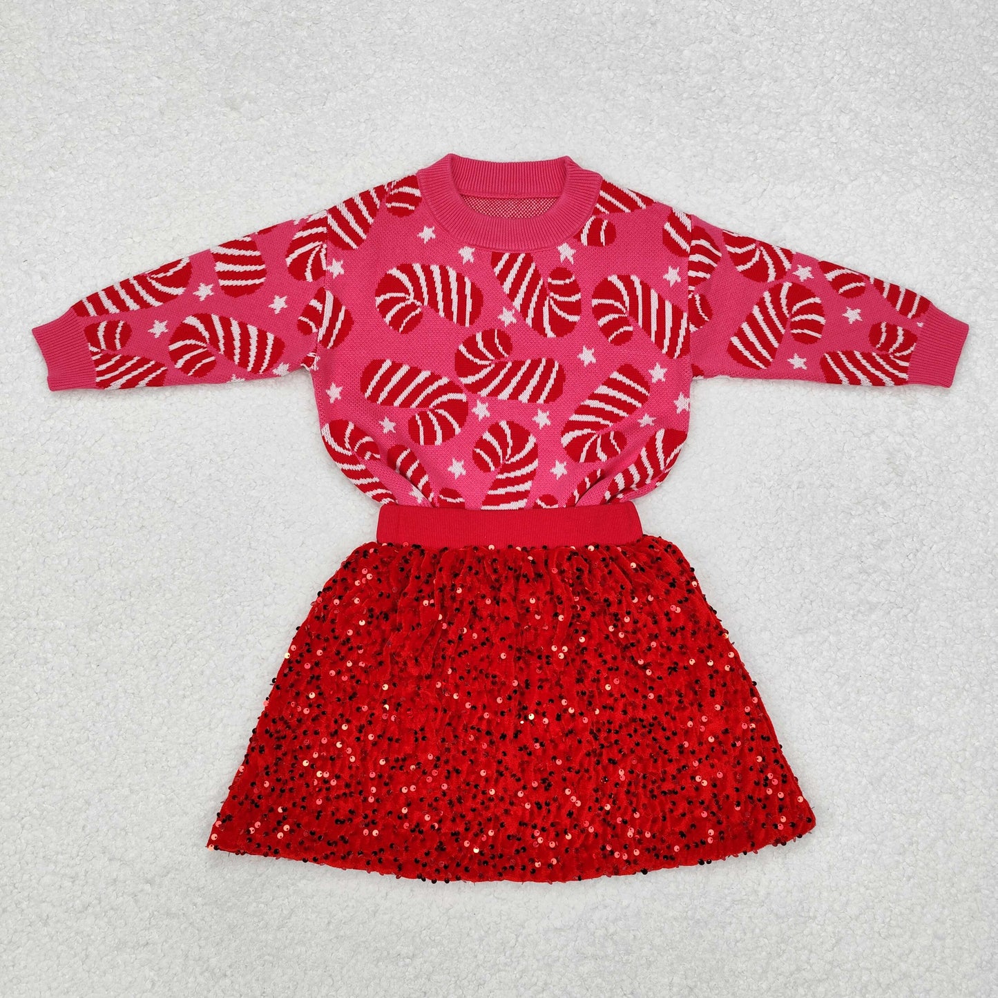 GLD0671 Candy Cane Sweater Top Red Sequins Skirts Girls Christmas Clothes Set