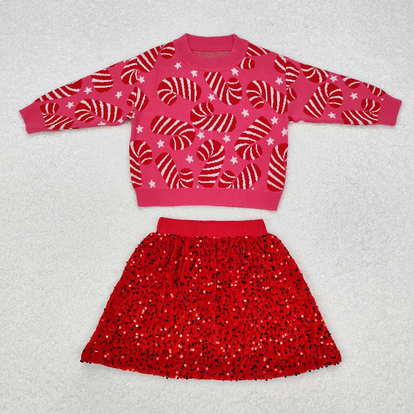GLD0671 Candy Cane Sweater Top Red Sequins Skirts Girls Christmas Clothes Set