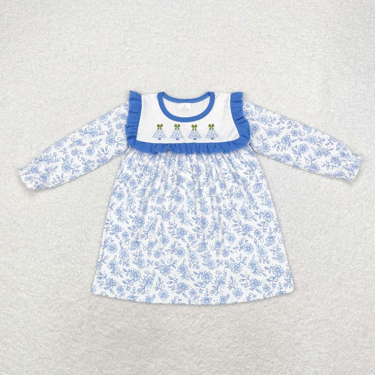 GLD0673 Tree Bows Blue Flowers Print Girls Christmas Knee Length Ruffle Dress