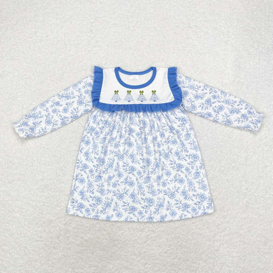 GLD0673 Tree Bows Blue Flowers Print Girls Christmas Knee Length Ruffle Dress
