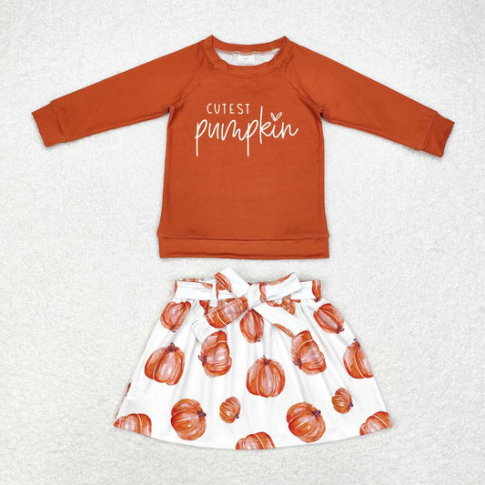 GLD0686 Pumpkin Top White Skirts Girls Fall Clothes Set