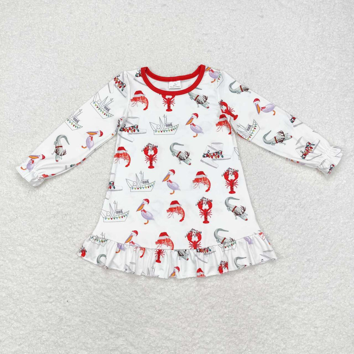 GLD0687 Pelican Crayfish Crocodile Print Girls Christmas Knee Length Dress