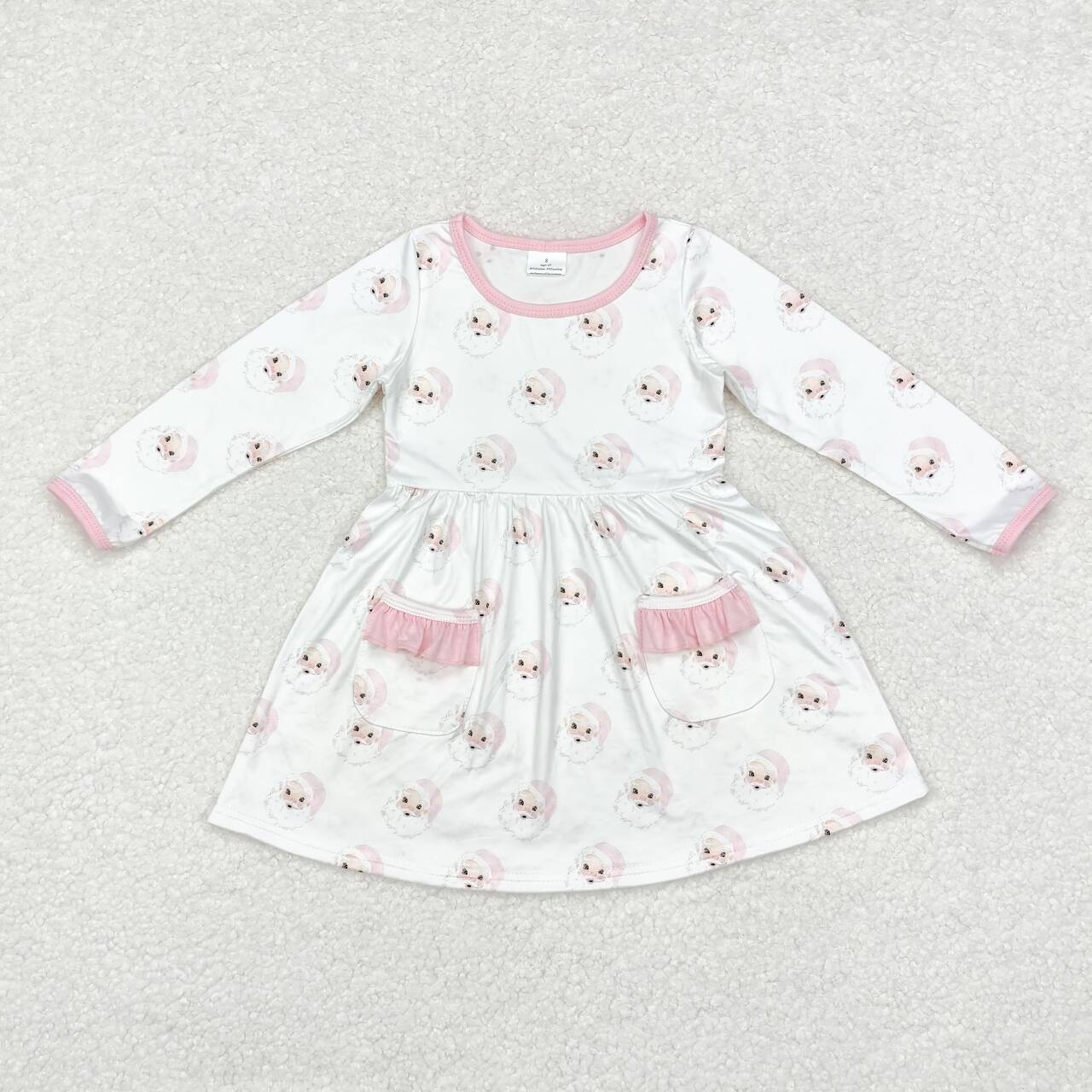GLD0689 Santa Pink Print Pockets Girls Christmas Knee Length Dress
