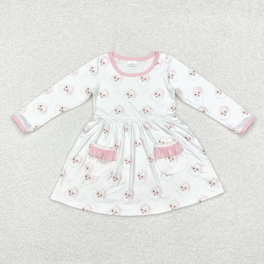 GLD0689 Santa Pink Print Pockets Girls Christmas Knee Length Dress
