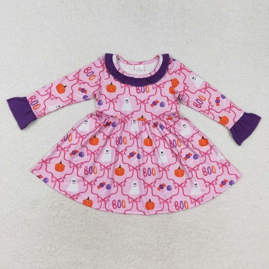 GLD0691 Ghost Pumpkin Bows Pink Girls Halloween Knee Length Dress