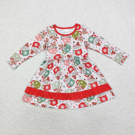 GLD0732 Gingerbread Cups Candy Cane Print Girls Christmas Knee Length Dress
