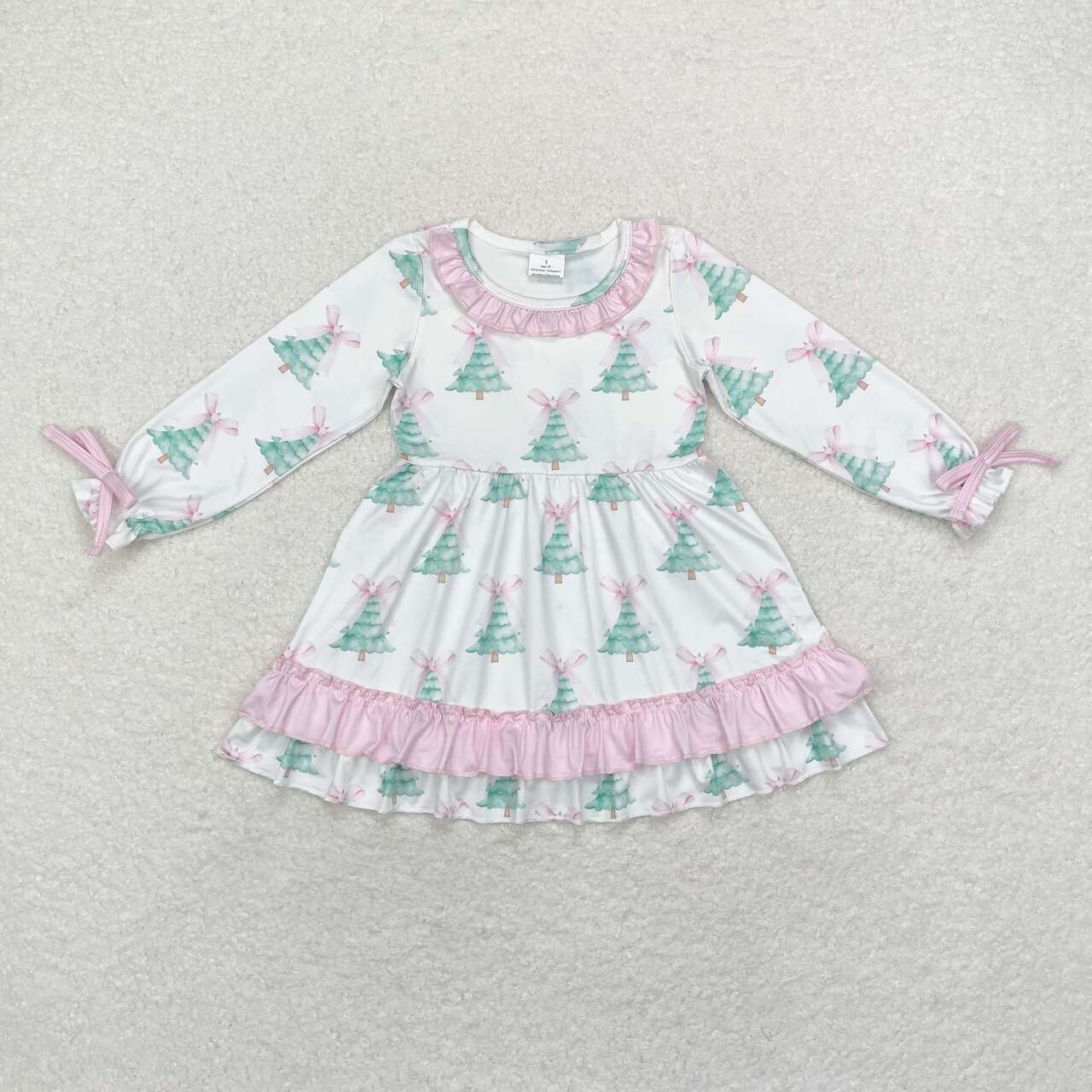 GLD0740 Tree Bows Print Girls Christmas Knee Length Dress