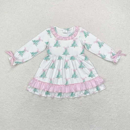 GLD0740 Tree Bows Print Girls Christmas Knee Length Dress