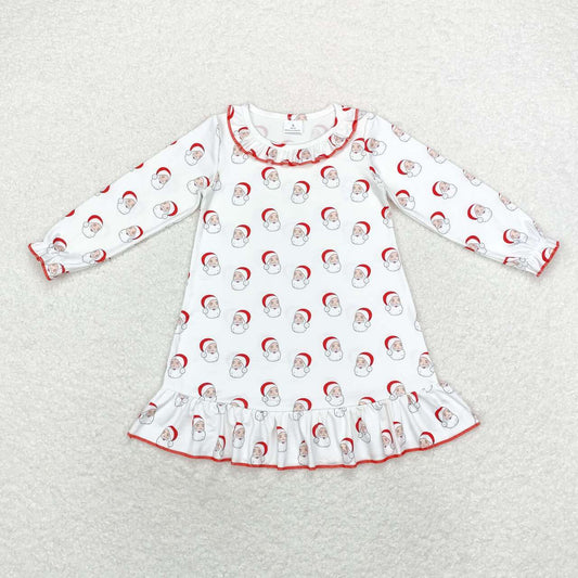 GLD0742 Santa Print Girls Christmas Knee Length Ruffle Dress