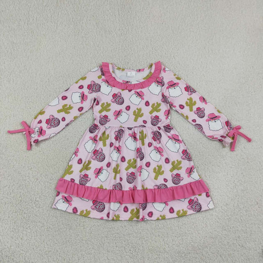 GLD0753 Cowgirl Santa Cactus Girls Christmas Long Sleeve Knee Length Ruffle Dress