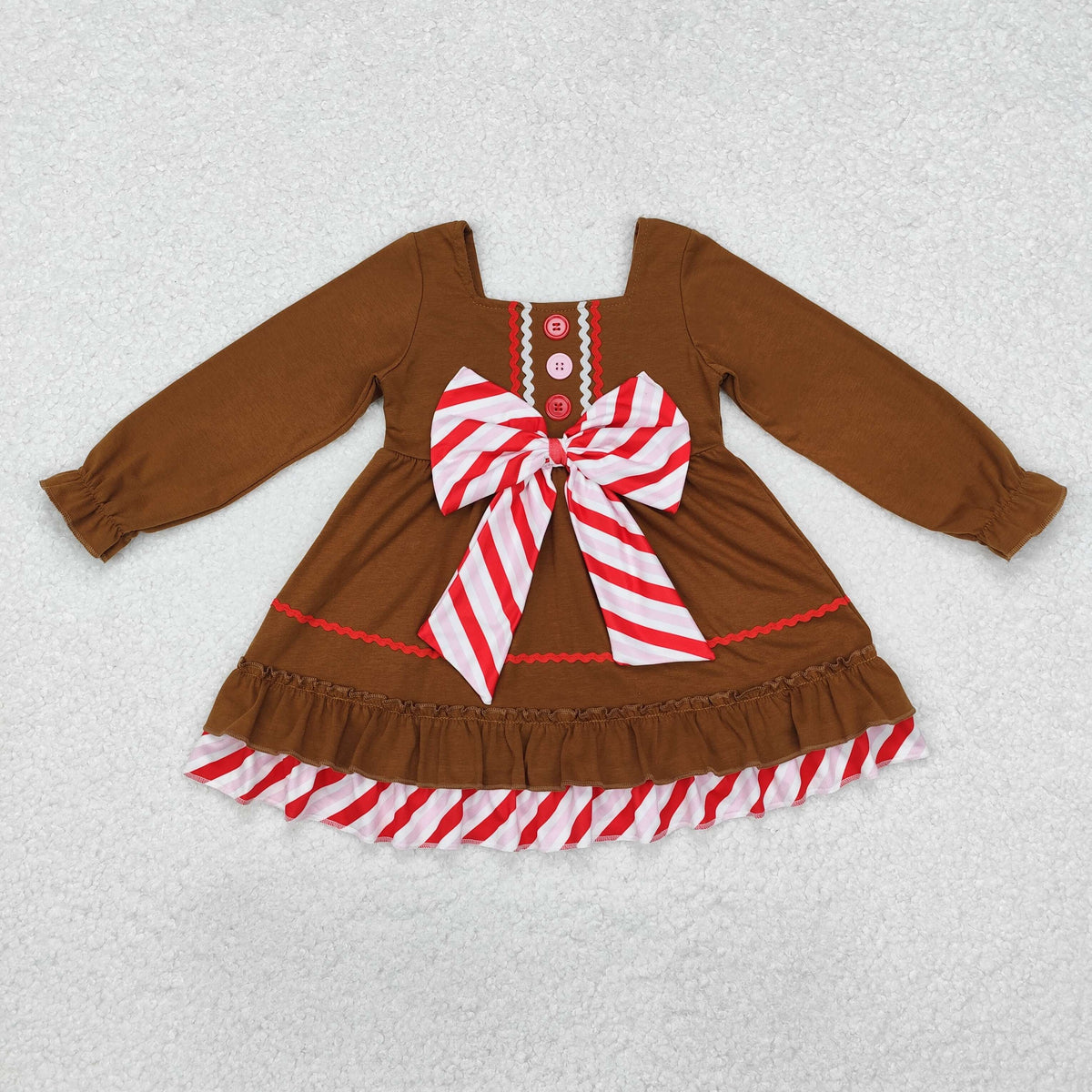 GLD0758 Gingerbread Design Brown Big Bow Girls Christmas Knee Length Ruffle Dress