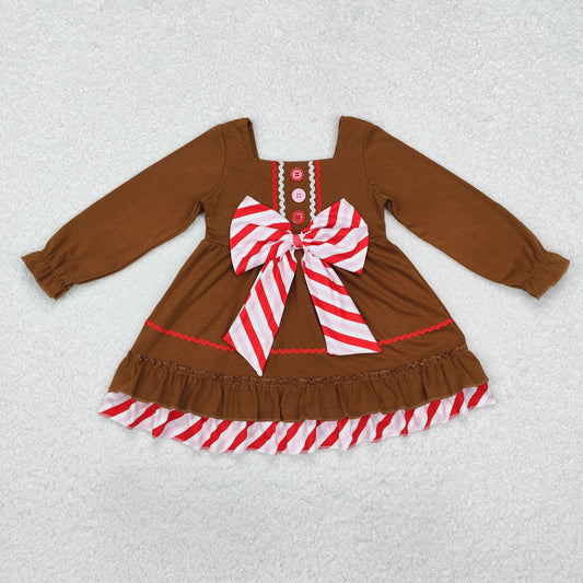 GLD0758 Gingerbread Design Brown Big Bow Girls Christmas Knee Length Ruffle Dress