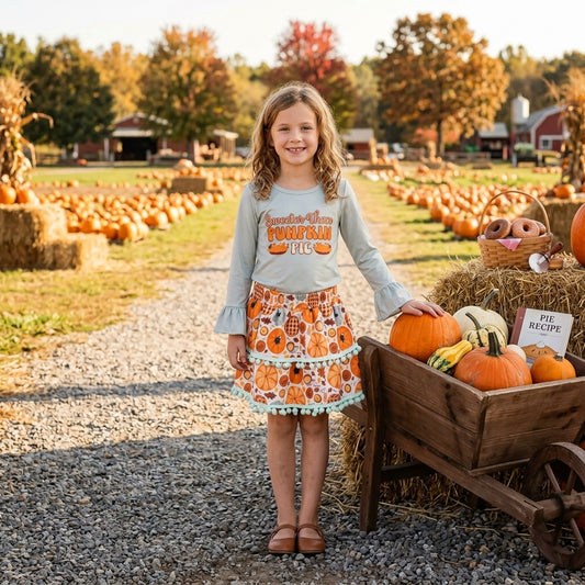 GLD0763 Pumpkin Pie Top Pompom SkirtsGirls Thanksgiving Clothes Set