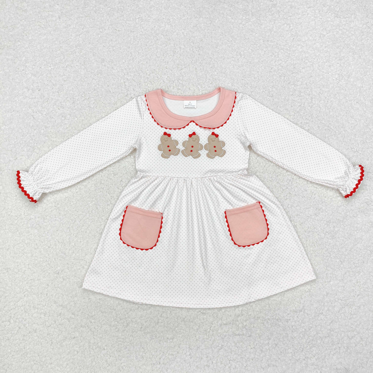 GLD0765 Gingerbread Embroidery Dots Print Pockets Girls Christmas Knee Length Dress