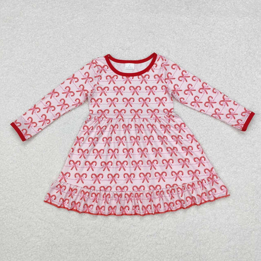 GLD0774 Candy Cane Bows Print Girls Christmas Knee Length Dress