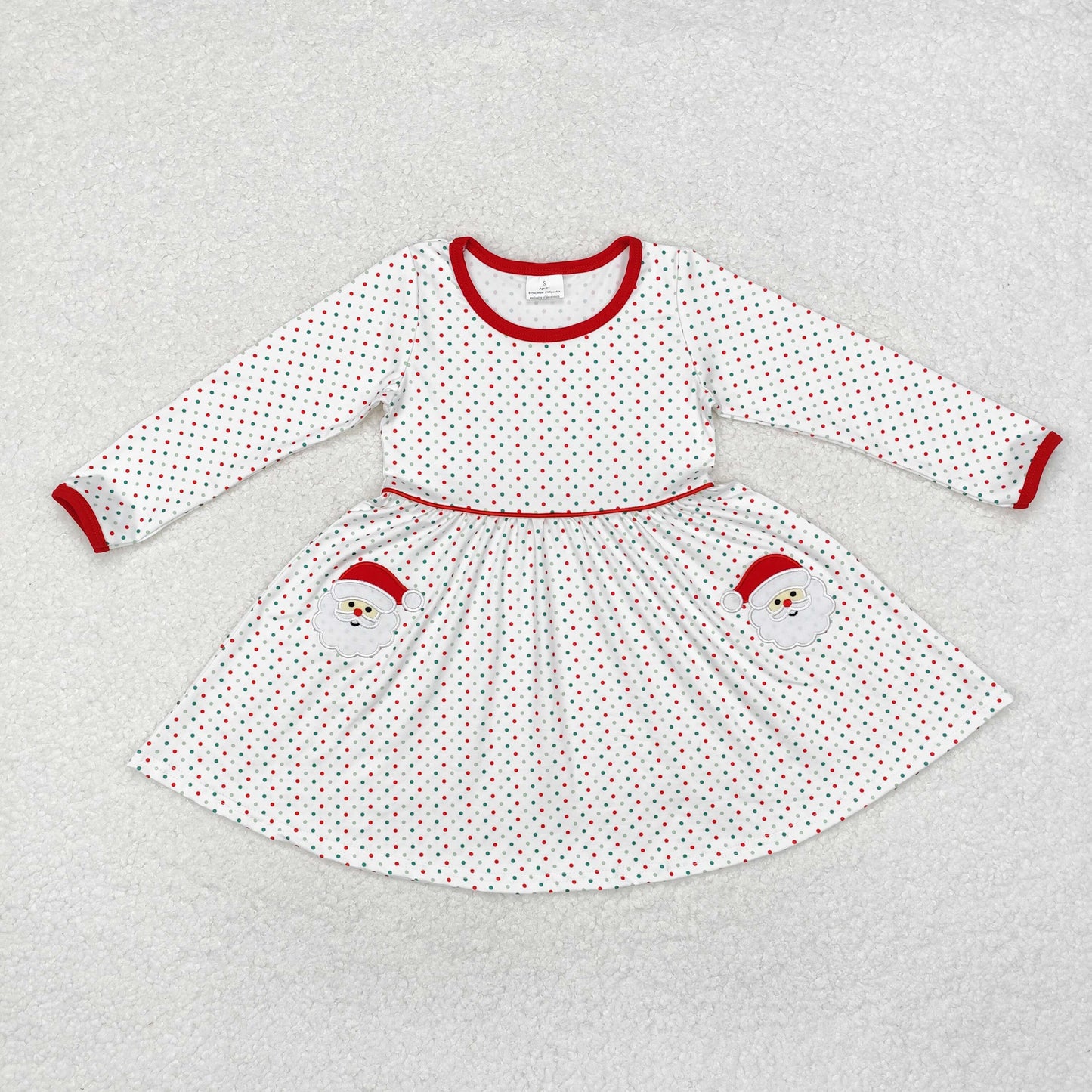 GLD0779 Santa Embroidery Dots Print Girls Christmas Knee Length Dress