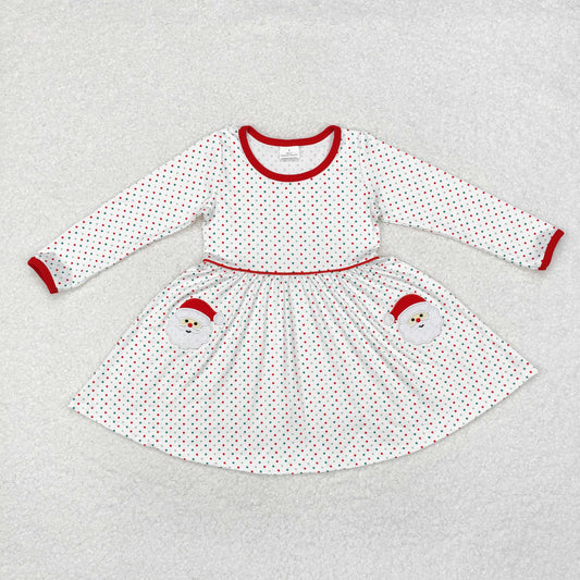 GLD0779 Santa Embroidery Dots Print Girls Christmas Knee Length Dress