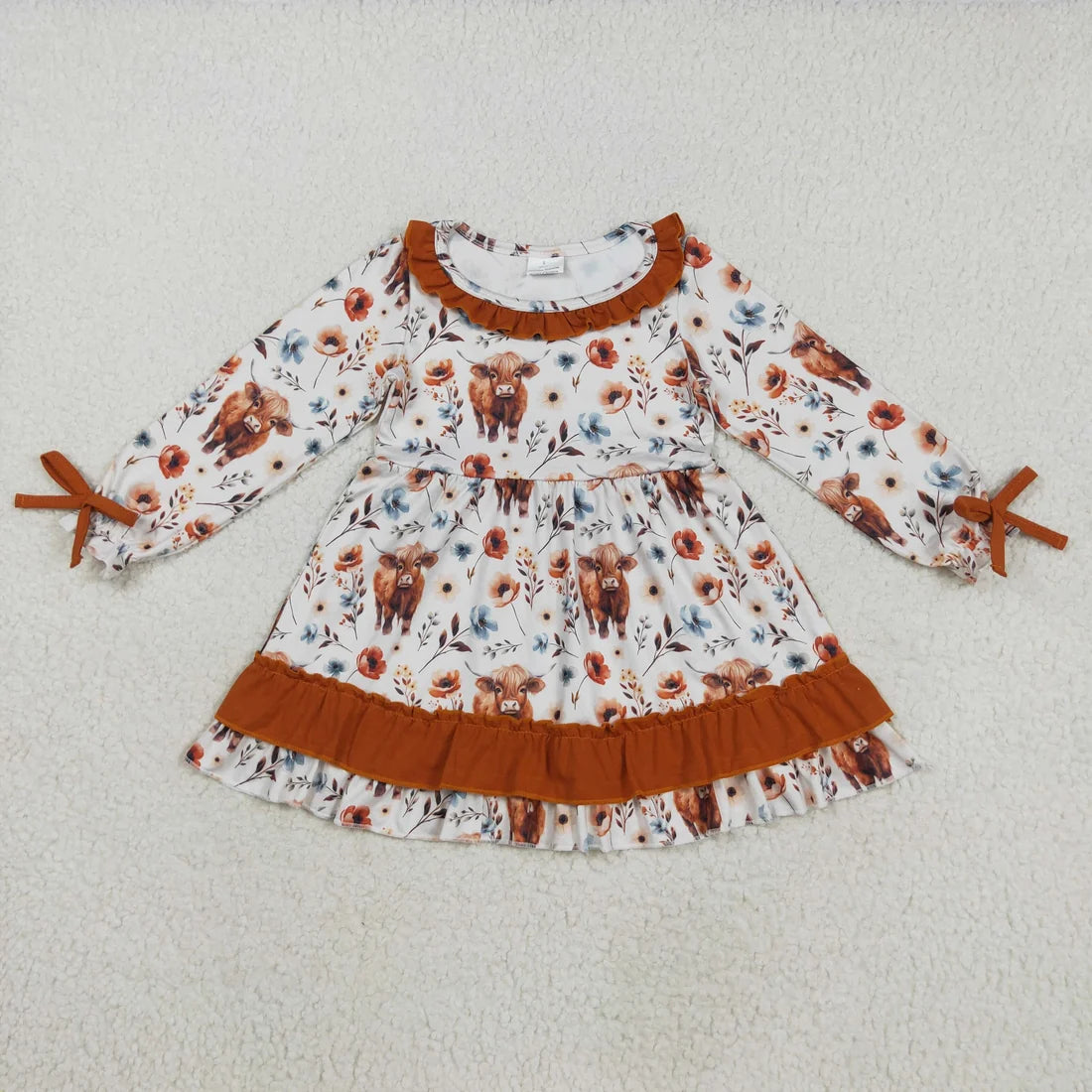 Sibling Baby Girls Highland Cow Flowers Long Sleeve Dress and Zipper Romper