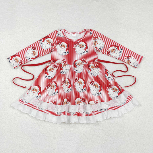 GLD0786 Santa Stripes Print Girls Christmas Knee Length Ruffle Dress