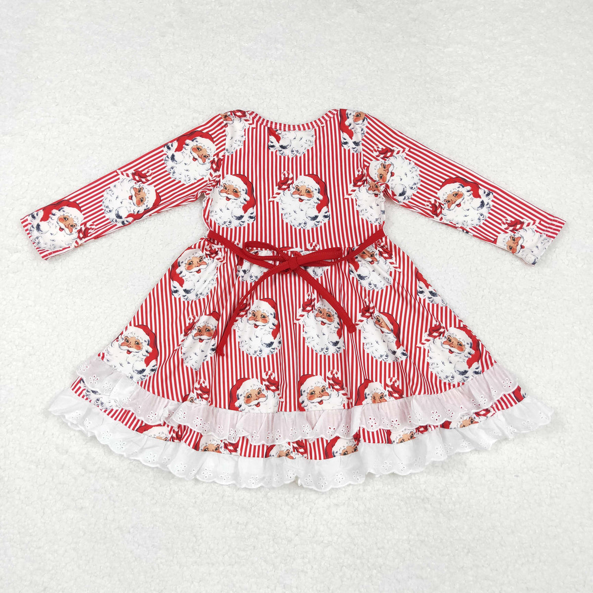 GLD0786 Santa Stripes Print Girls Christmas Knee Length Ruffle Dress