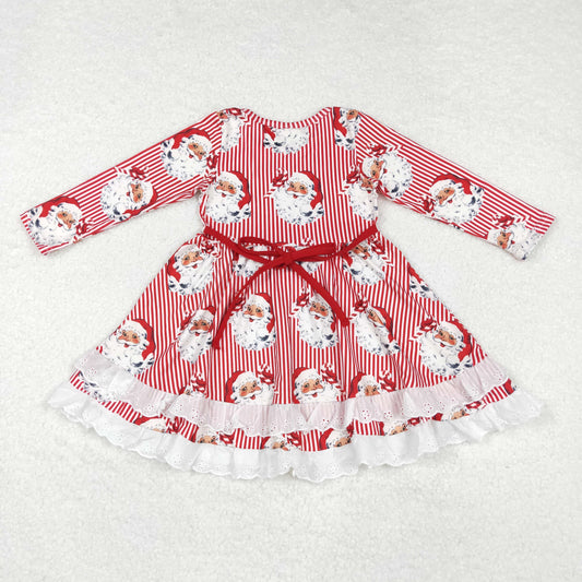 GLD0786 Santa Stripes Print Girls Christmas Knee Length Ruffle Dress