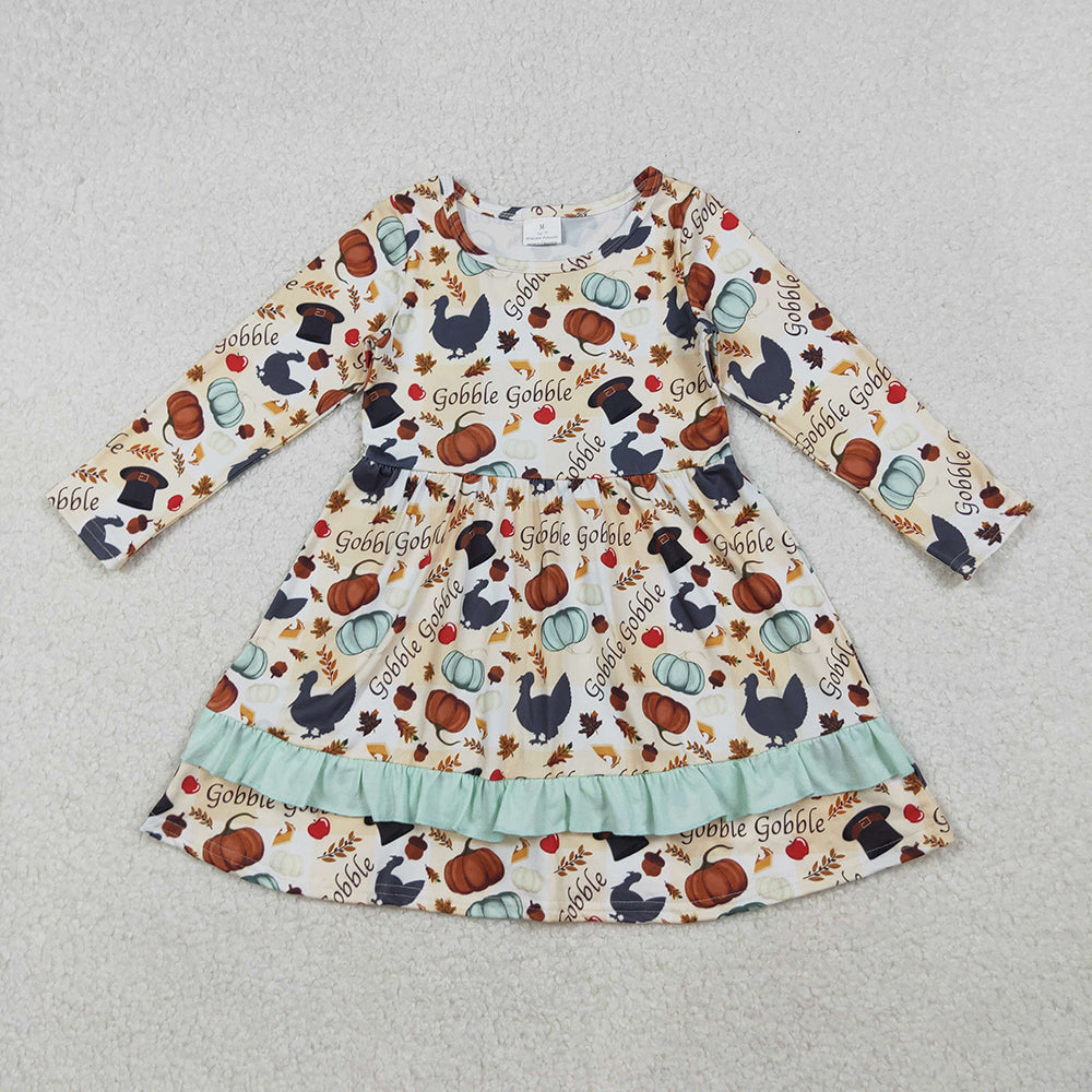 GLD0789 Turkey Pumpkin Gobble Print Girls Thanksgiving Knee Length Dress