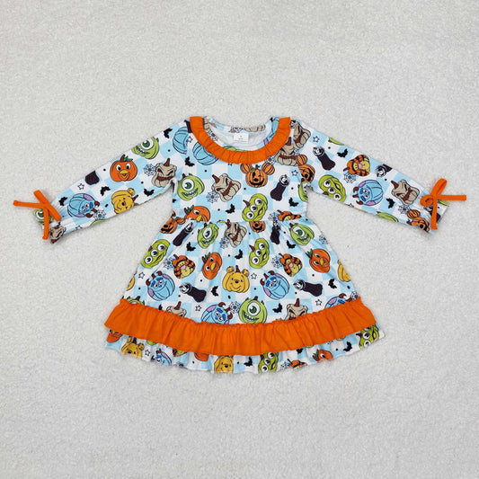 GLD0791 Cartoon Monster Pumpkin Checkered Girls Halloween Knee Length Dress
