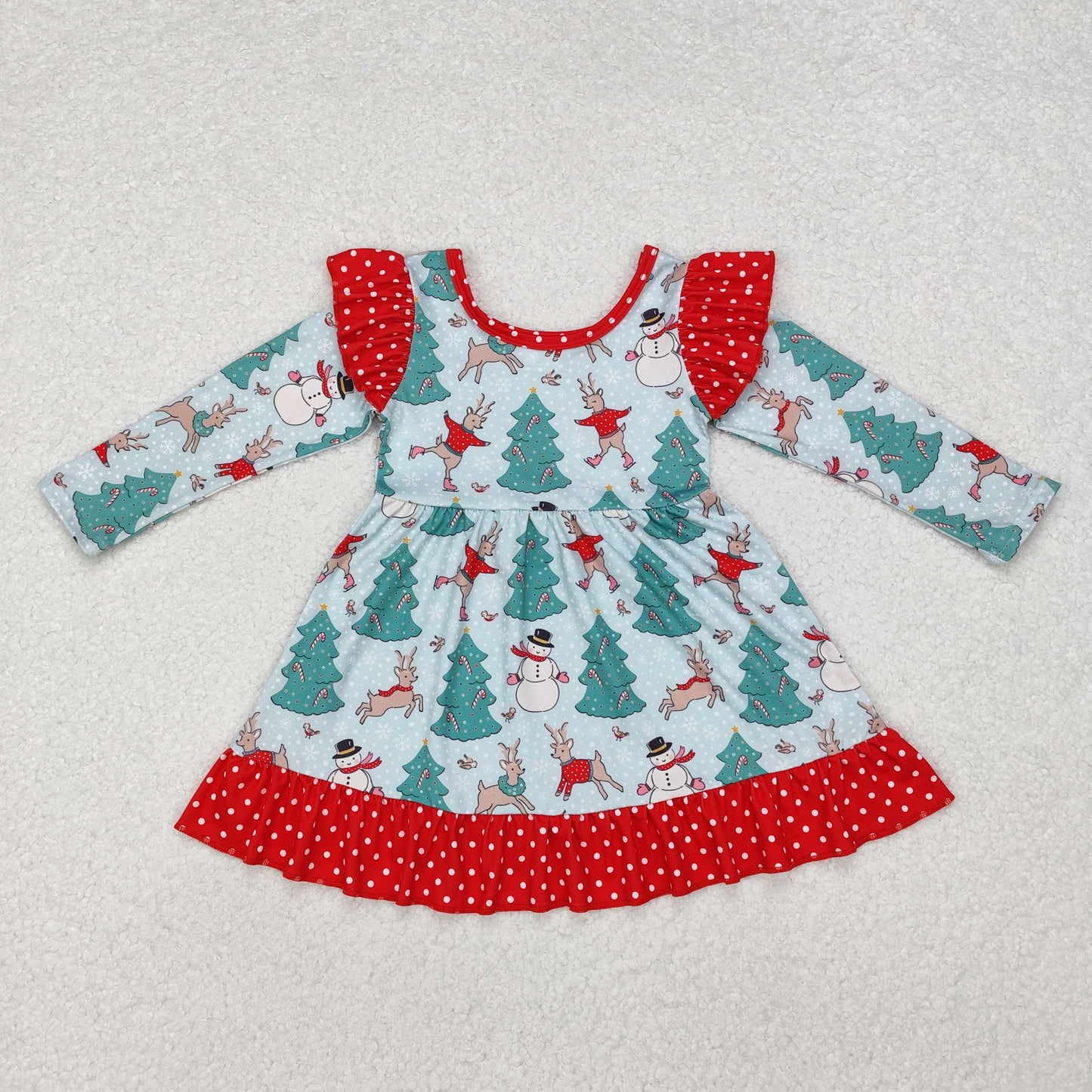 GLD0794 Snowman Deer Tree Print Girls Christmas Knee Length Dress