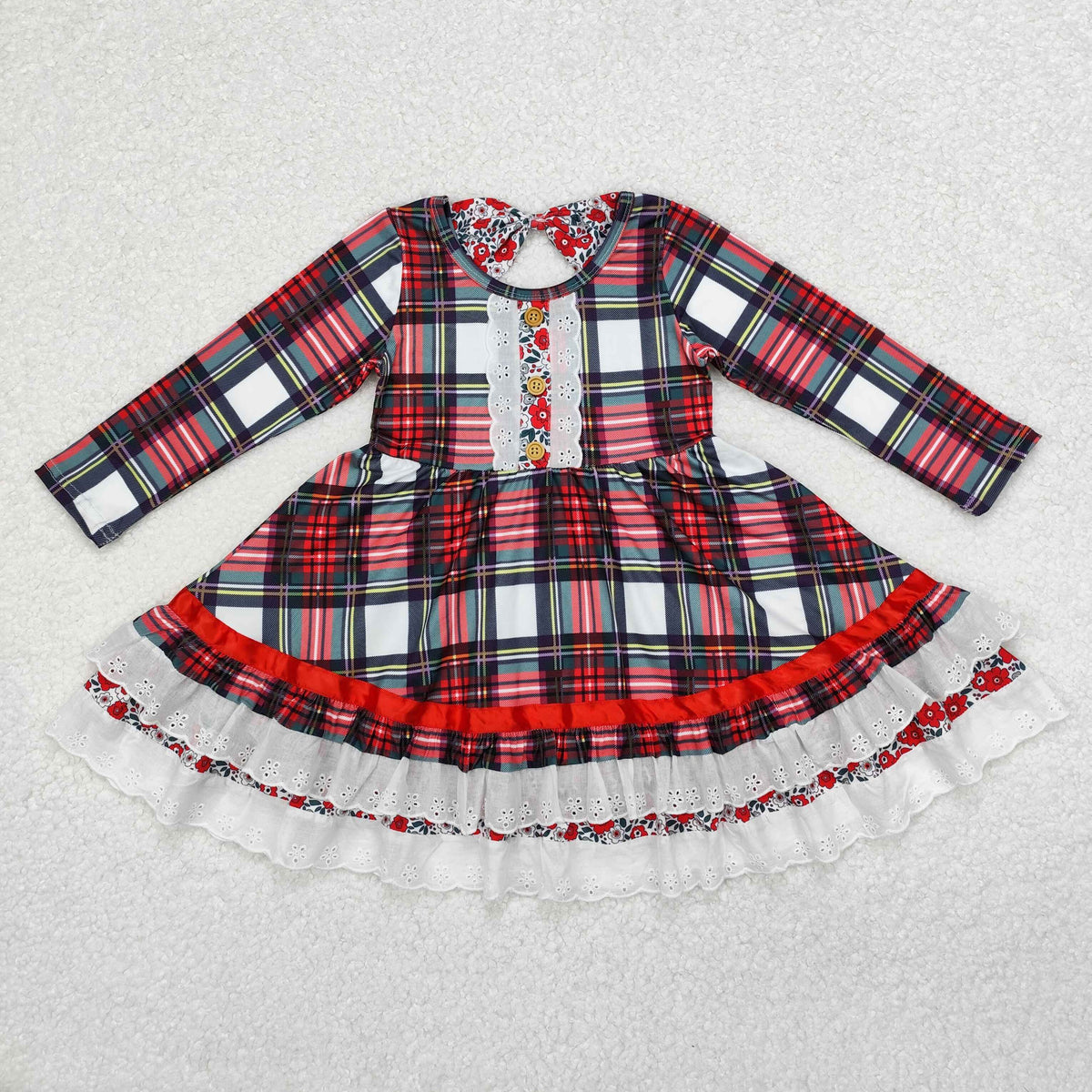 GLD0838 Checkered Flowers Print Girls Christmas Knee Length Ruffle Dress