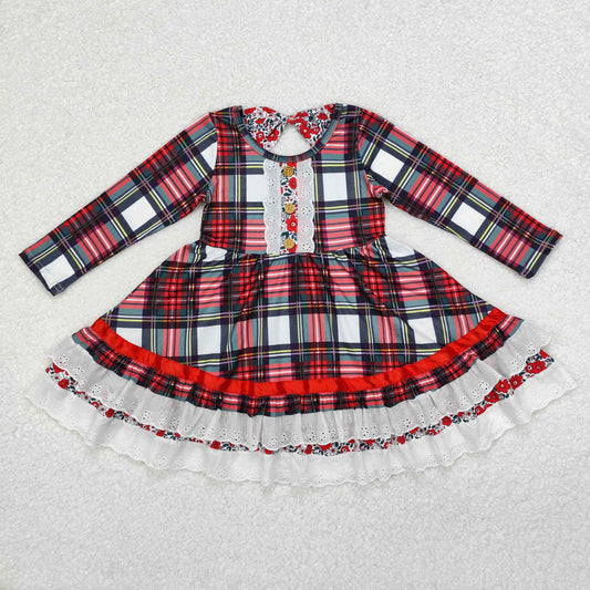 GLD0838 Checkered Flowers Print Girls Christmas Knee Length Ruffle Dress