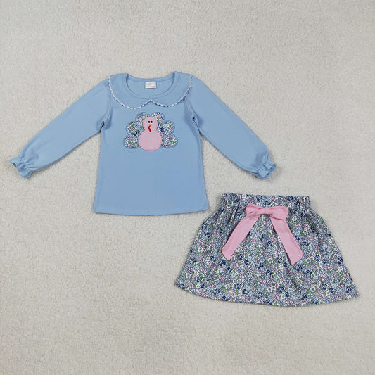 GLD0849 Turkey Embroidery Blue Doll Collar Top Flowers Skirts Girls Thanksgiving Clothes Set