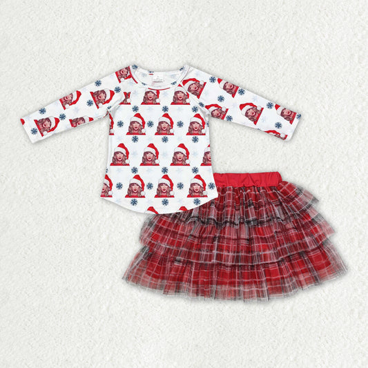 GLD0890 Singer Swiftie Top Checkered Tulle Skirts Girls Christmas Clothes Set