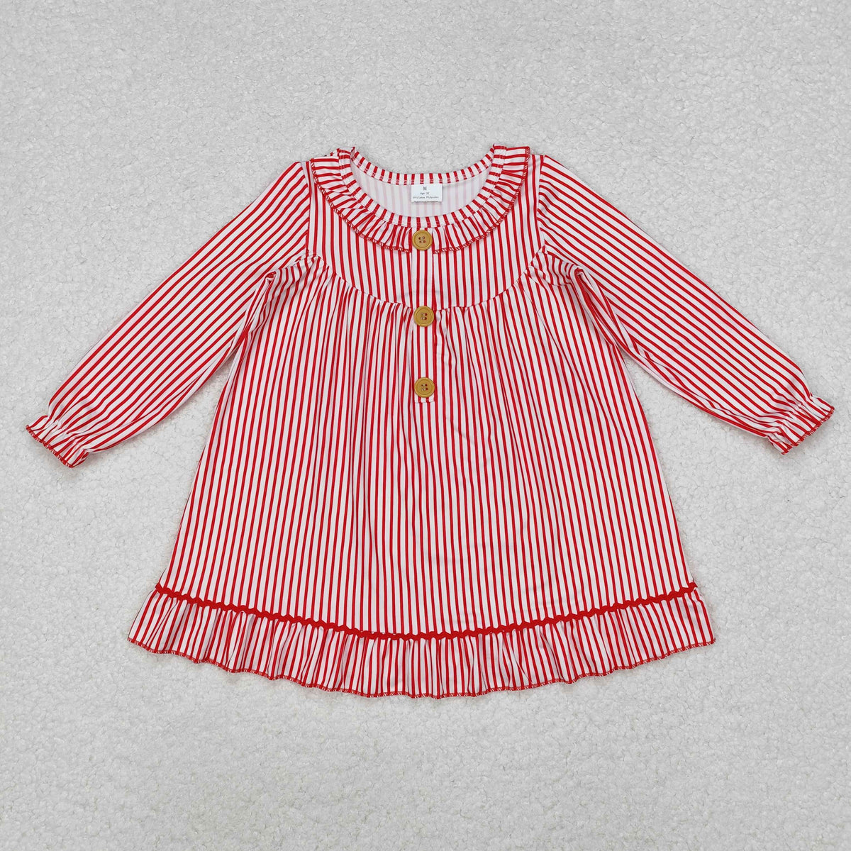GLD0933 Red Stripes Print Girls Christmas Knee Length Ruffle Gown Dress
