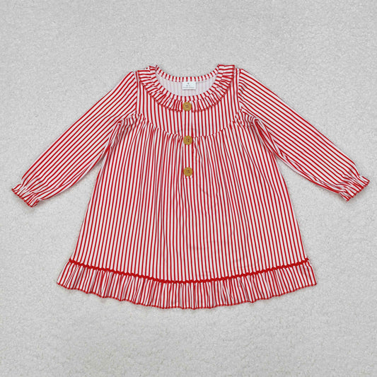 GLD0933 Red Stripes Print Girls Christmas Knee Length Ruffle Gown Dress