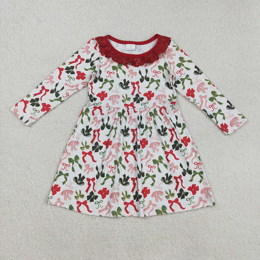 GLD1036 Red Green Bows Print Lace Ruffle Girls Christmas Knee Length Dress