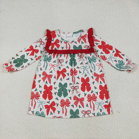 GLD1046 Red Green Bows Print Girls Christmas Knee Length Dress