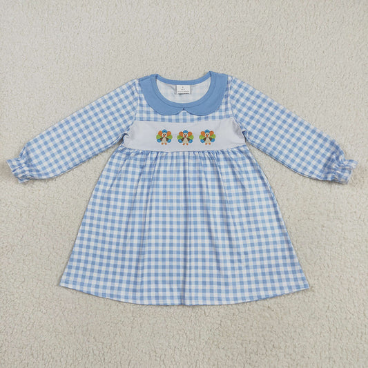 GLD1070 Turkey Embroidery Blue Checkered Girls Thanksgiving Knee Length Dress