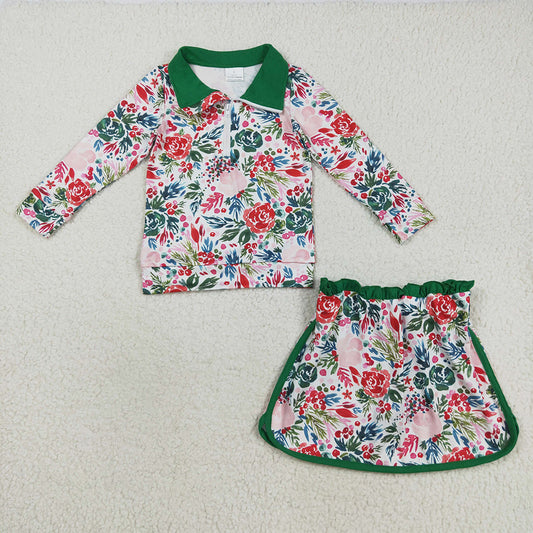 GLD1075 Flowers Zipper Pullover Top Skort Girls Christmas Clothes Set
