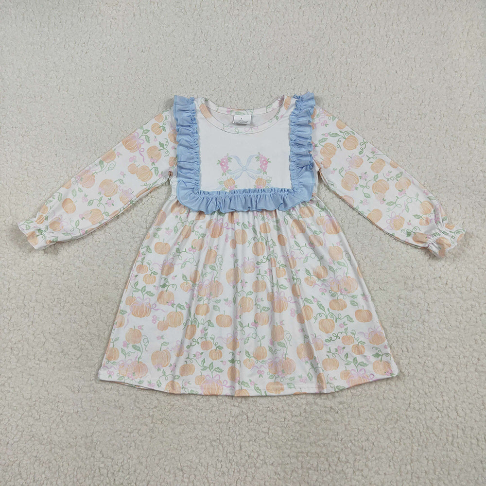 GLD1084 Pumpkin Flowers Print Girls Long Sleeve Knee Length Dress