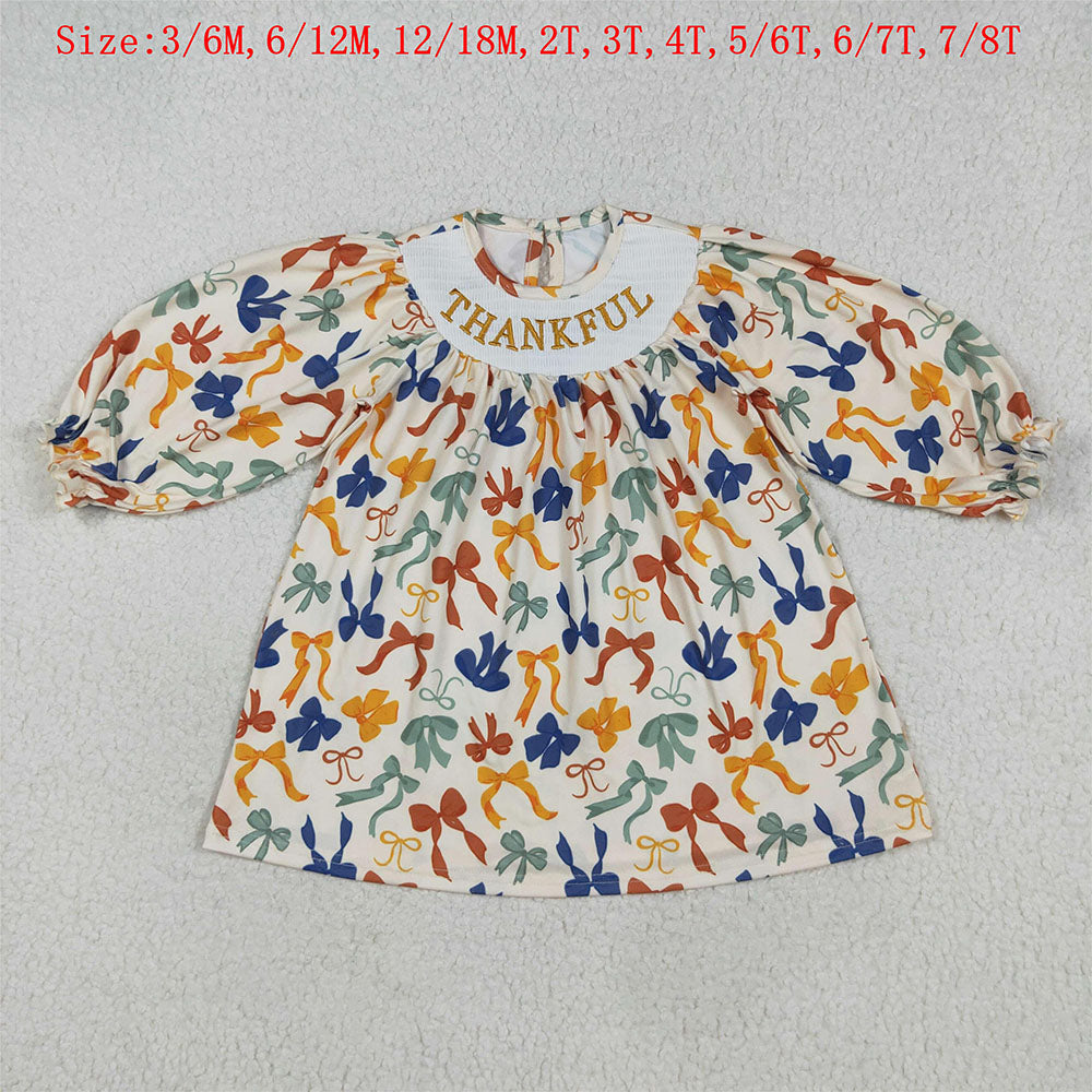 GLD1086 Thankful Embroidery Colorful Bows Girls Thanksgiving Knee Length Smocked Dress