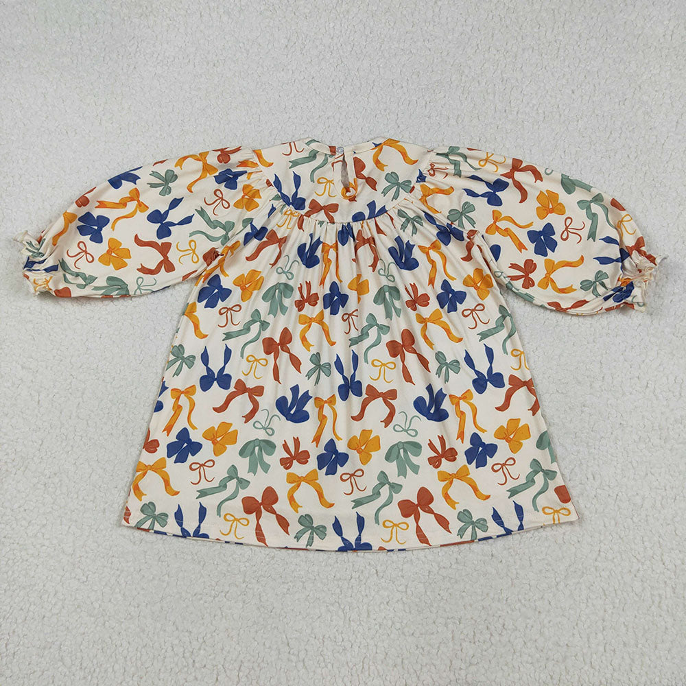 GLD1086 Thankful Embroidery Colorful Bows Girls Thanksgiving Knee Length Smocked Dress